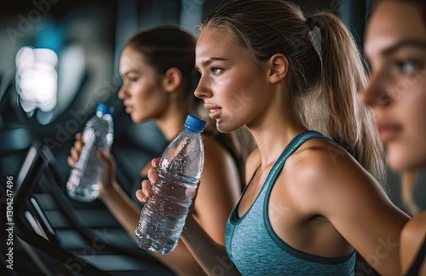 Fototapeta Three beautiful women in the gym are using walking machines and drinking water from bottles. One woman with long hair is running on an electric treadmill and drinking from a bottle.