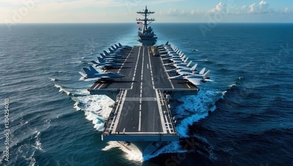 Fototapeta Aircraft carrier floats on blue ocean. Gray planes are parked. Waves crash against hull of ship under cloudy sky.