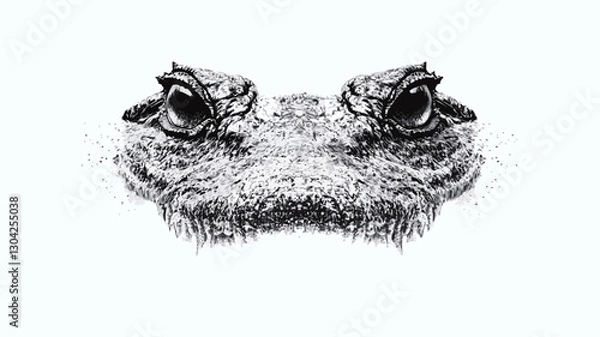 Fototapeta A detailed black and white illustration or drawing of the head and upper jaws of a crocodile or alligator. The image focuses on the reptile's eyes, textured snout, and scaled skin.  The