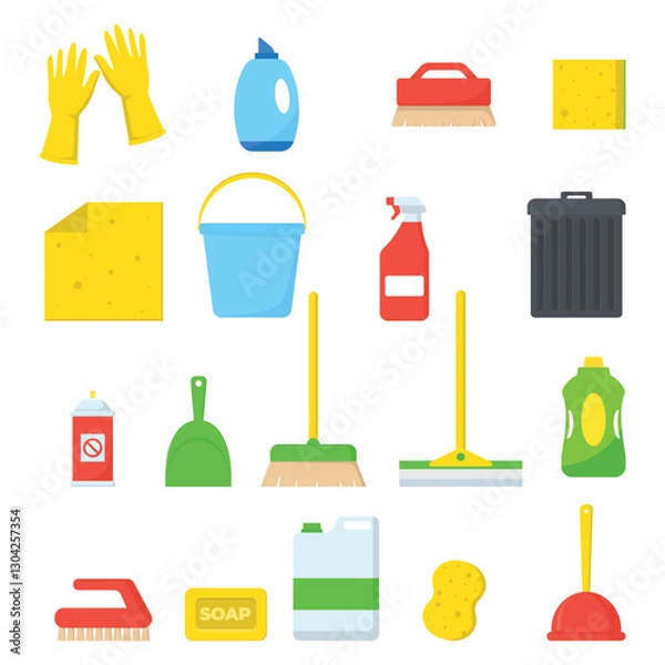Obraz Cleaning kit flat icon set, domestic tools and supplies for cleaning vector illustration