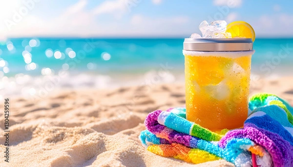 Obraz Iced drink on towel, sunny beach background with blue ocean and sky