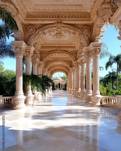 Fototapeta Ornate colonnaded walkway in a tropical garden
