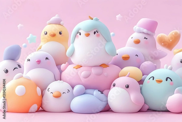 Fototapeta Plush bird figurines posed on soft surface with pastel pink background and stars