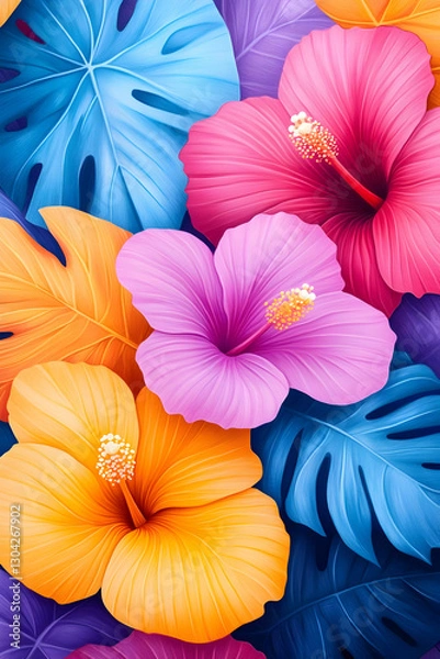 Fototapeta Tropical flowers, vibrant leaves, design