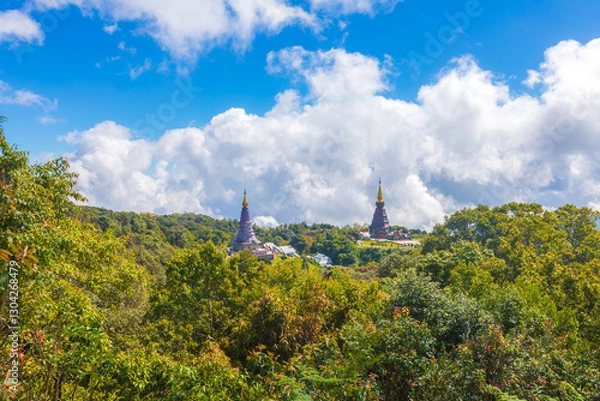 Obraz Pagoda of doi Inthanon national park at Chiangmai Thailand. Landscape view from trekking trail "Kew Mae Pan".