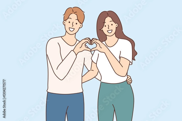 Fototapeta Man and woman in love make heart gesture together, demonstrating sympathy and affection for partner