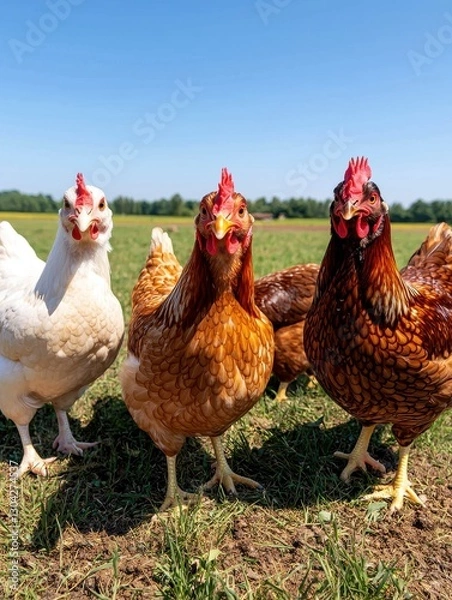 Obraz Chickens grazing in a sunny field farm life outdoor photography natural environment close-up view animal behavior