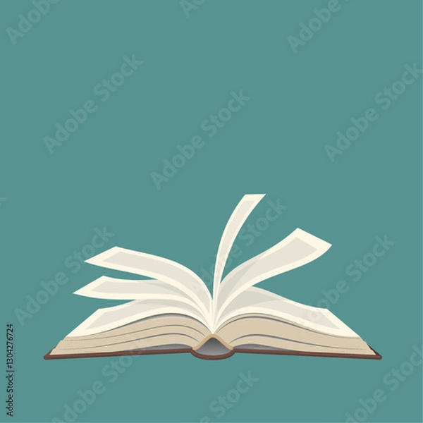 Fototapeta Open book with fluttering pages in retro style vector - symbolizes reading, science, knowledge, learning or library