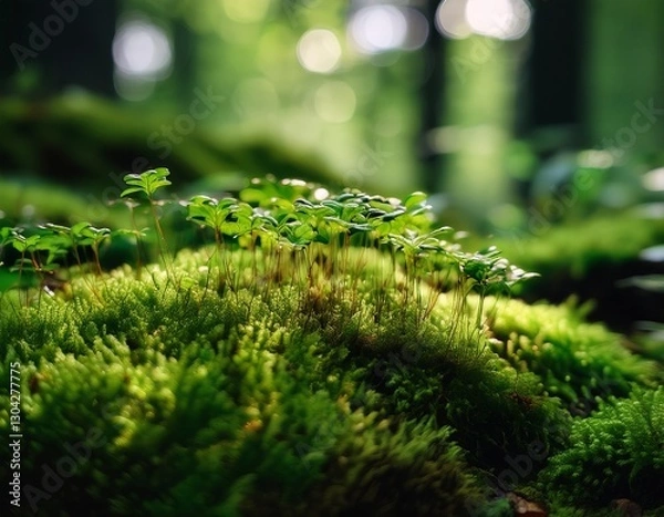 Fototapeta A macro shot of rich green moss and small plants thriving on a forest floor. The image highlights the intricate patterns and textures, showcasing the raw beauty of nature with a focus on life 