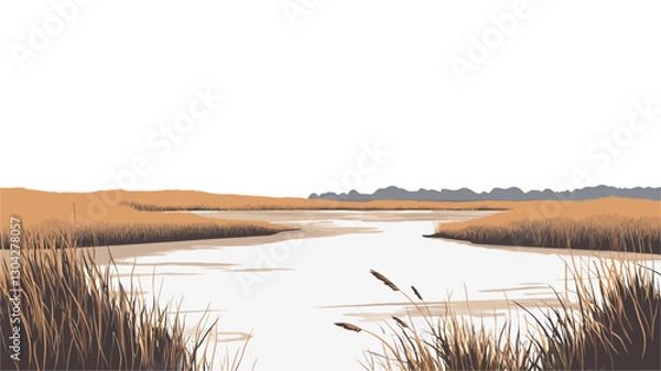 Fototapeta A minimalist landscape illustration depicting a calm body of water, possibly a marsh or swamp, bordered by tall reeds or grasses. The color palette is muted, consisting primarily of beige,