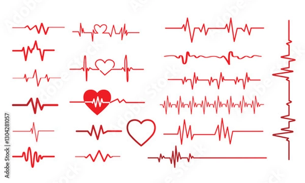 Fototapeta Red heartbeat line collection with heart symbol, cardiology, medical pulse, ECG, EKG design, healthcare clipart vector illustration, health monitoring, digital heartbeat. Stock-Vector.