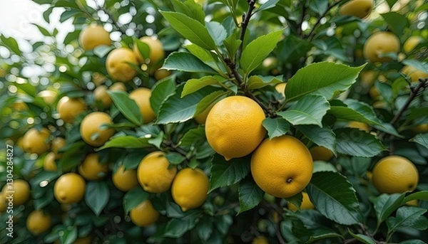 Fototapeta  Ripe yellow lemons on the branches of a lush, green lemon tree-