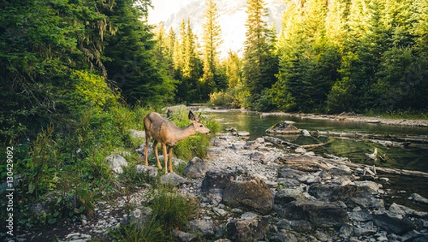Obraz Samotny jeleń nad rzeką.