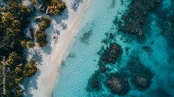 Fototapeta Aerial View of Tropical Beach with Turquoise Water and Lush Greenery