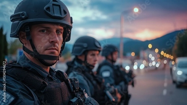Fototapeta Three men in black helmets stand on a street