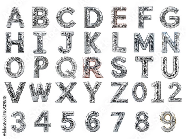 Fototapeta crumpled silver foil font style 3D rendering Letter 'A to Z' Isolated on png