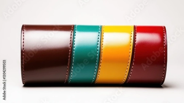 Fototapeta This image features a vibrant leather wallet showcasing a unique striped pattern with a mix of colors including brown, teal, yellow, red, and orange tones.