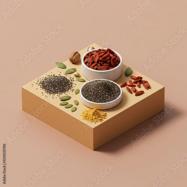 Fototapeta Superfoods Assortment with Chia Seeds, Goji Berries, and Maca Powder on soft Background