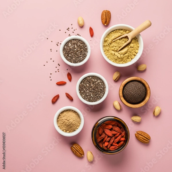 Obraz Superfoods Assortment with Chia Seeds, Goji Berries, and Maca Powder on soft Background