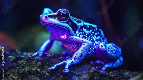 Fototapeta A surreal image of a bioluminescent frog glowing in neon blue and purple tones, set in a futuristic jungle environment.  