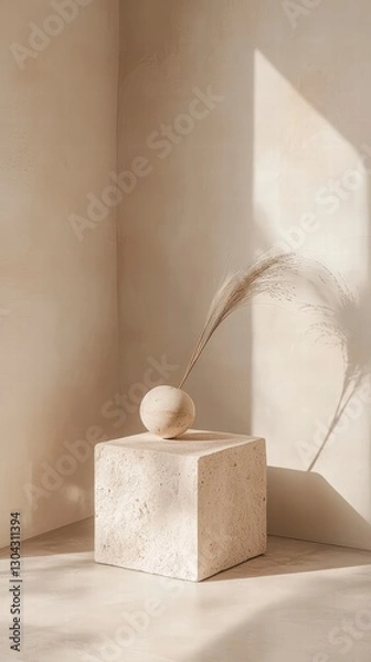 Obraz Minimalist Aesthetic: A curated still life composition featuring a stone sphere and feather delicately arranged on a textured pedestal, with dramatic shadows.