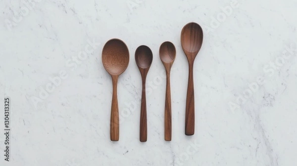 Fototapeta A rustic wooden spoon set arranged artistically on a marble countertop