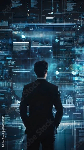 Fototapeta The Digital Frontier: A lone businessman, dressed in a suit, stands before a towering wall of digital data, showcasing the vast and complex landscape of the modern technology industry.  