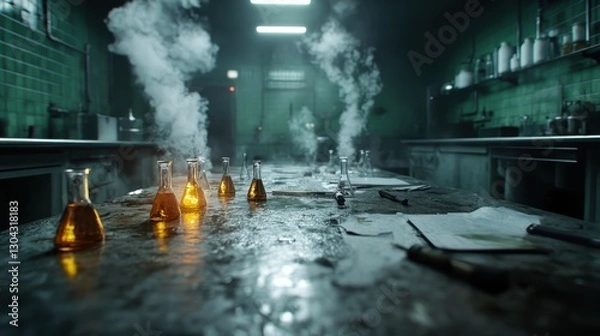 Fototapeta A dimly lit laboratory features a collection of glowing flasks amidst steam, hinting at a scientific exploration filled with mystery and potential discoveries.
