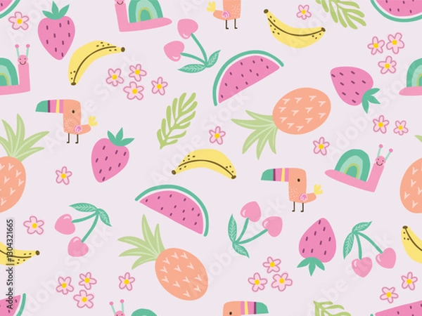 Fototapeta TROPICAL FRUITS AND BIRDS CONVERSATIONAL FLORAL DOODLE SEAMLESS PATTERN ALL OVER PRINT VECTOR ILLUSTRATION