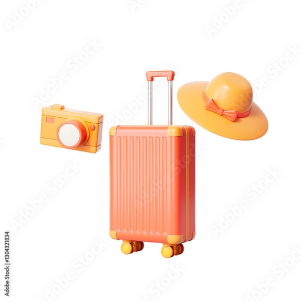 Obraz 3d rendering travel suitcase and camera with hat