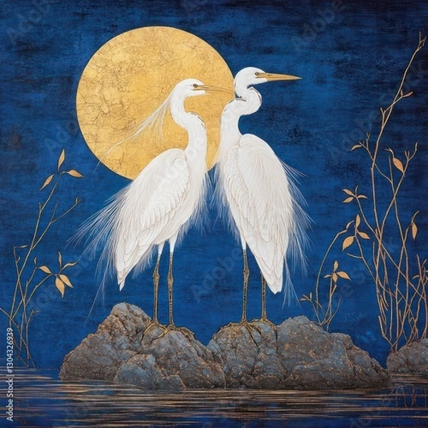 Fototapeta Egrets and Golden Moon Art By Generated AI
