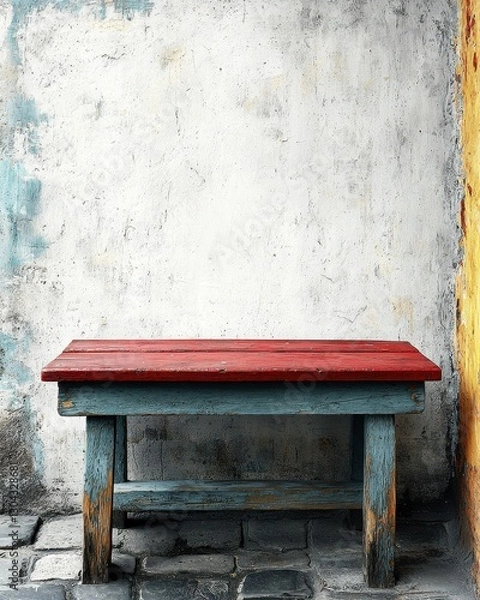 Fototapeta A vibrant red bench is positioned in front of a clean, white wall, creating a striking contrast. The bench's smooth surface invites relaxation, while the wall adds a minimalist backdrop.