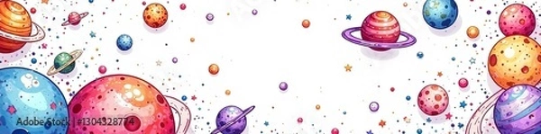 Fototapeta Hand-drawn outer space elements on white background seamless pattern, planets, spacecraft, galaxy