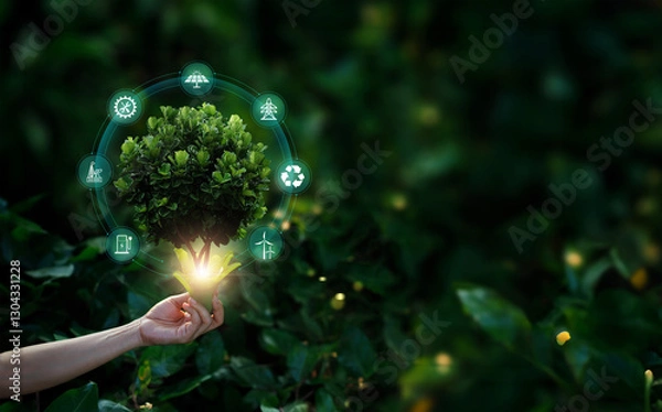 Obraz .Hand holding a green tree with icons of energy sources for renewable, Sustainable developmen, Saving the environment, saving the clean planet. Ecology and sustainable environment concept.