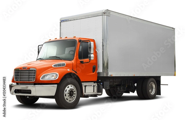 Fototapeta Modern american delivery truck with chrome elements with white van and orange cabin. Front side view isolated on white background.