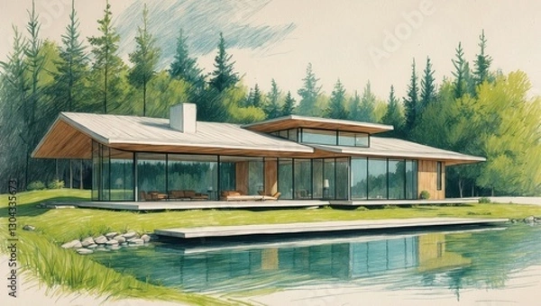 Fototapeta Ink sketch of modern home on green lawn with pond. Home has large glass windows and flat roof. Trees fill background.
