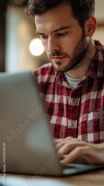 Obraz Focused Work: A close-up shot captures a focused individual engrossed in work, his eyes intently fixed on a laptop screen, epitomizing concentration and diligence in the digital workspace.