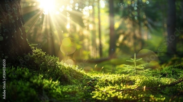 Obraz Fresh green moss is illuminated by warm sunlight filtering through the trees, creating a peaceful and vibrant forest scene..