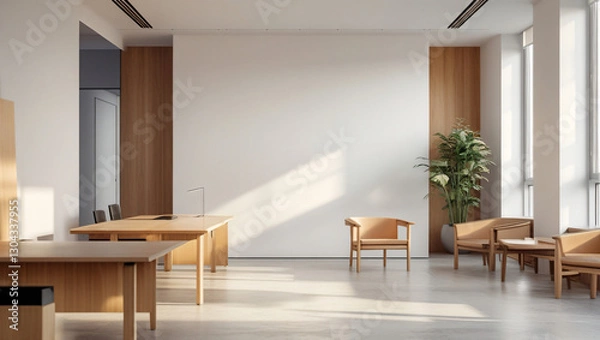 Fototapeta Minimalist Modern Office Space with Empty White Wall – Perfect Mockup for Branding & Design Display