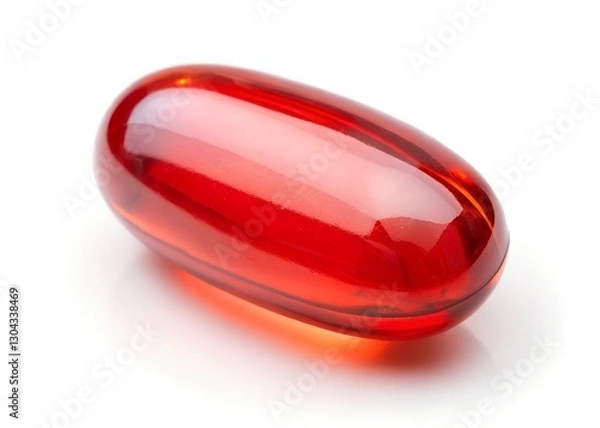 Fototapeta Single red transparent softgel Capsule Closeup on white background