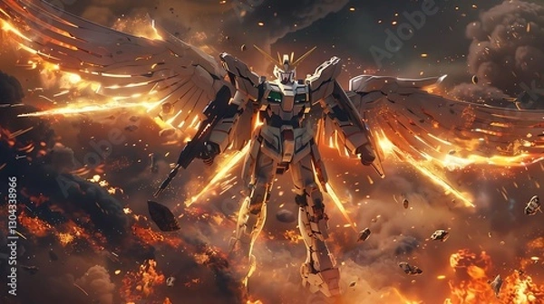 Fototapeta A Gundam with wings of light, soaring above a burning battlefield, symbolizing hope and victory.

