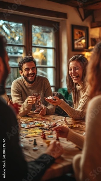 Obraz Cozy Game Night: A heartwarming scene of friends gathered around a wooden table, engrossed in a game, laughing together and savoring a relaxed evening filled with camaraderie.