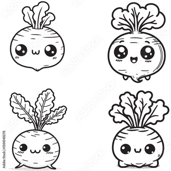 Fototapeta "High-Quality Cute Cartoonic Turnip Character Outline Vector Illustrations"