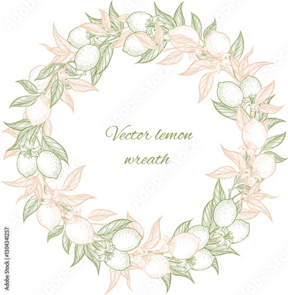 Obraz Wreath of doodle lemon branches template for design. Floral vector border.