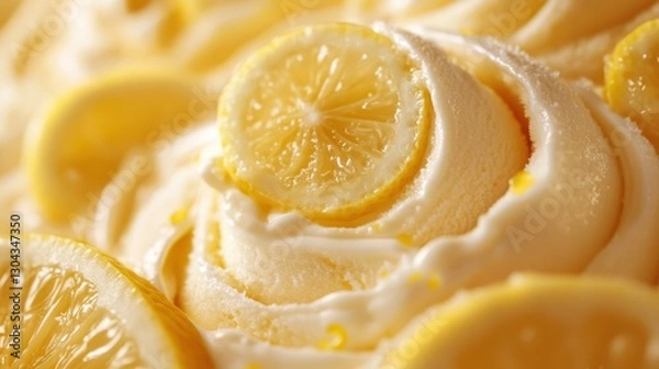 Fototapeta A creamy swirl of lemon ice cream, kissed with the vibrant essence of fresh lemon zest, promising a tangy delight on a hot summer day.