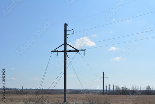 Obraz transmission line on the field with vesennney dry grass on a background of blue sky, landscape, wires, pole, power, power, electricity 