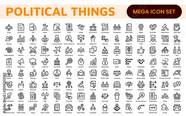 Fototapeta Politics Icon Set: A comprehensive collection of icons representing political themes, perfect for enhancing campaign materials, educational resources, and civic engagement initiatives.