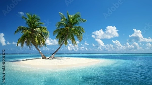 Fototapeta Two Palm Trees on a Secluded Sandy Island in a Turquoise Ocean