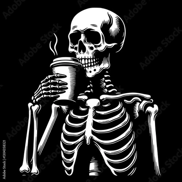 Obraz Skeleton's Coffee Break: A detailed monochrome illustration of a skeleton enjoying a hot beverage, creating a striking contrast on the dark background.