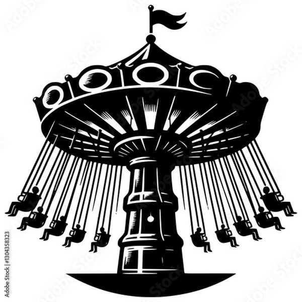 Fototapeta Whimsical Carousel: a playful depiction of a classic carousel, suspended seats with silhouetted riders, captured in a minimalist monochrome design, evoking the nostalgia of amusement parks.